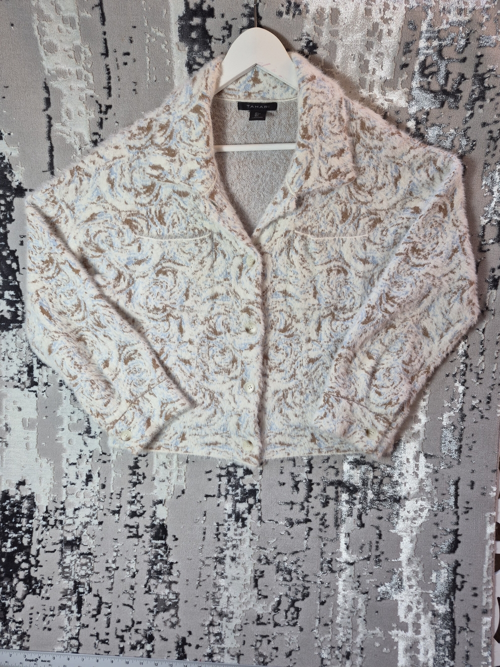 Tahari Fuzzy Eyelash Knit Bouclé Button-Up Cardigan in Cream/ Tan/ Baby Blue L